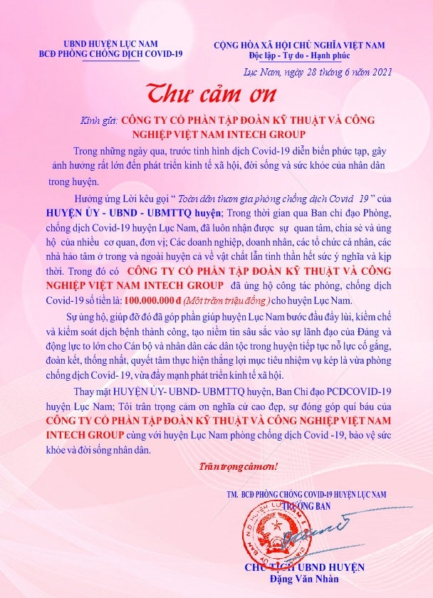 Huyện Ủy Lục Nam (Bắc Giang) gửi thư cảm ơn Intech Group ủng hộ kinh phí phòng chống dịch Covid-19