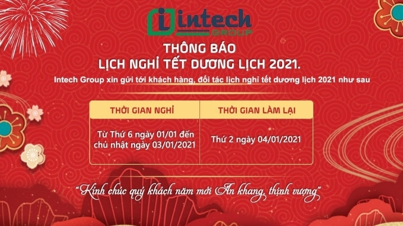 Intech Group thông báo lịch nghỉ tết dương lịch 2021
