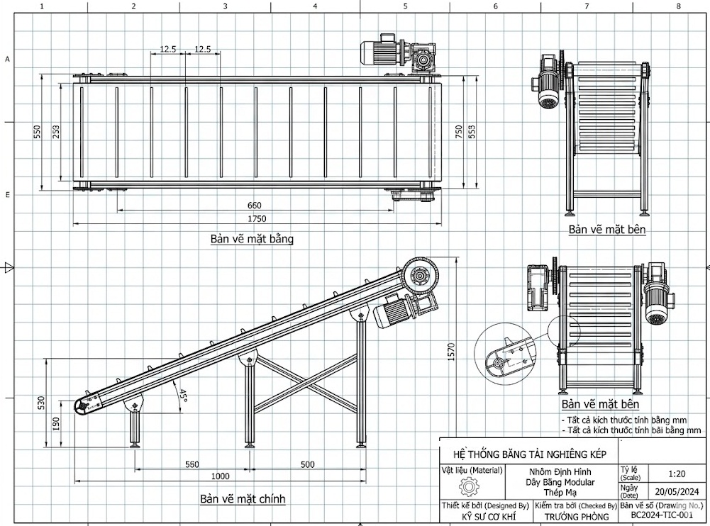 Bản vẽ 2D băng tải nghiêng dán gân