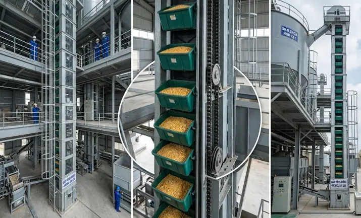 Băng tải gầu vận chuyển nguyên liêu lên silo Băng tải gầu vận chuyển nguyên liêu lên silo