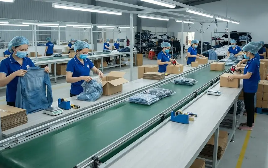 Băng tải PVC trong công đoạn đóng gói hàng may mặc