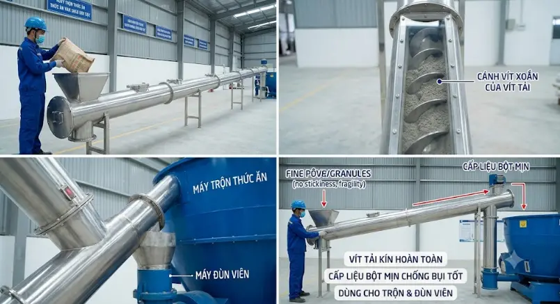 Băng tải trục vít cho quá trình trộn nguyên liệu Băng tải trục vít cho quá trình trộn nguyên liệu