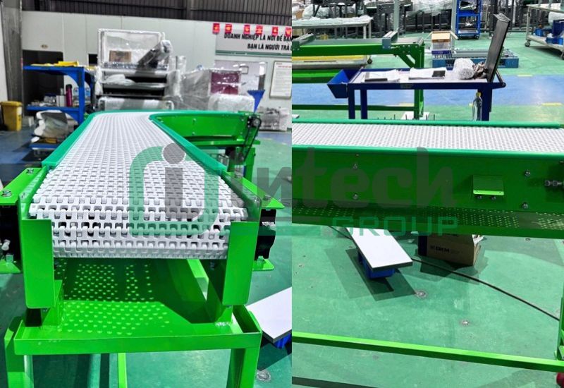 Băng tải xích nhựa cong 90 độ