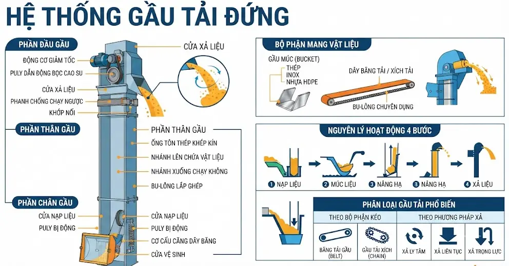 Cấu tạo của gầu tải đứng Cấu tạo của gầu tải đứng