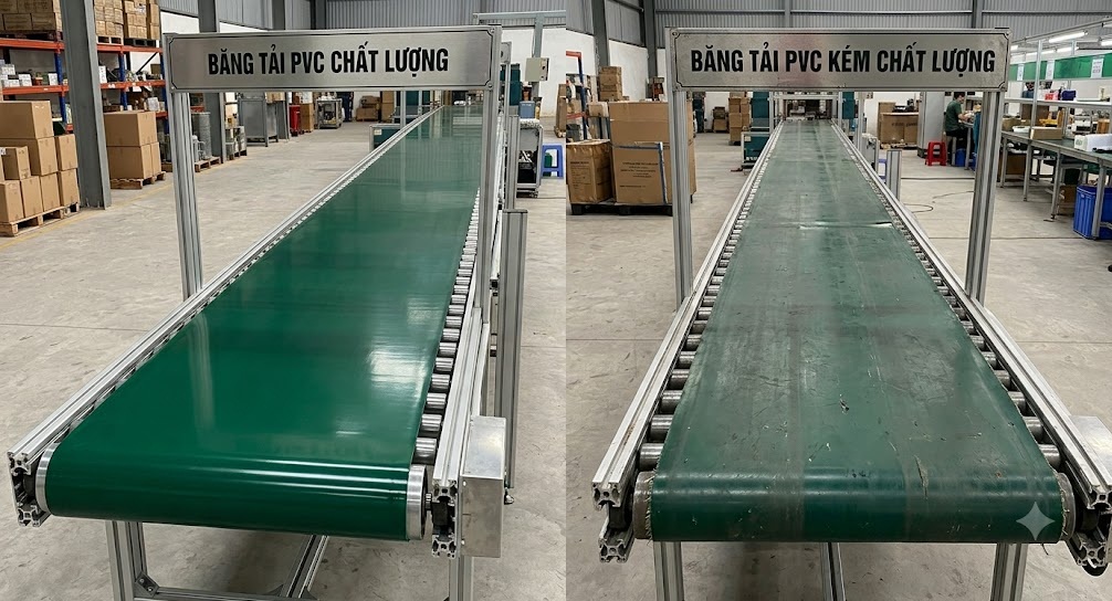 So sánh băng tải PVC chất lượng và kém chất lượng So sánh băng tải PVC chất lượng và kém chất lượng